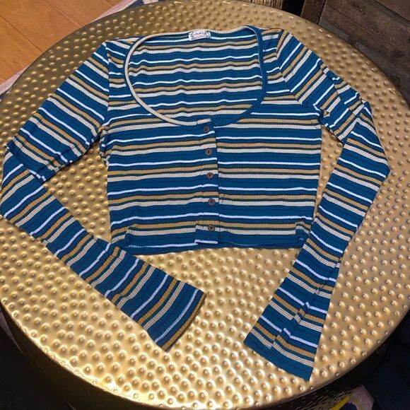 FREE PEOPLE Striped Button Up Cropped Long Sleeve Tee Turquoise Yellow White XS - Picture 1 of 6